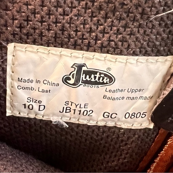 Justin Western Cowboy Boots Men's Size 10D–Dark Brown Grain Leather, Pointed Toe - Picture 15 of 16